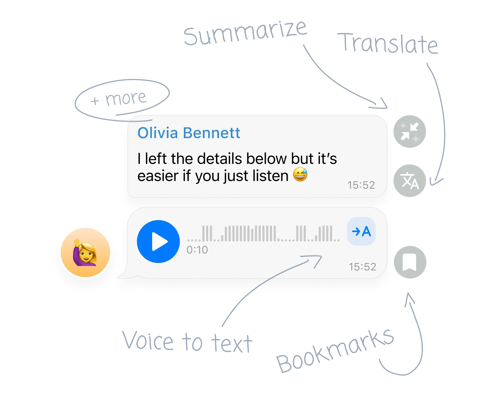 Chat messages with Summarize, Translate, Voice to text and Bookmarks buttons